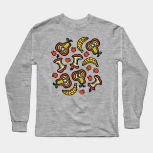 TUTTI FRUTTI Fun Tossed Retro Fruit with Apple Core Pear Banana Berries in Graphic Cartoon Style - UnBlink Studio by Jackie Tahara Long Sleeve T-Shirt